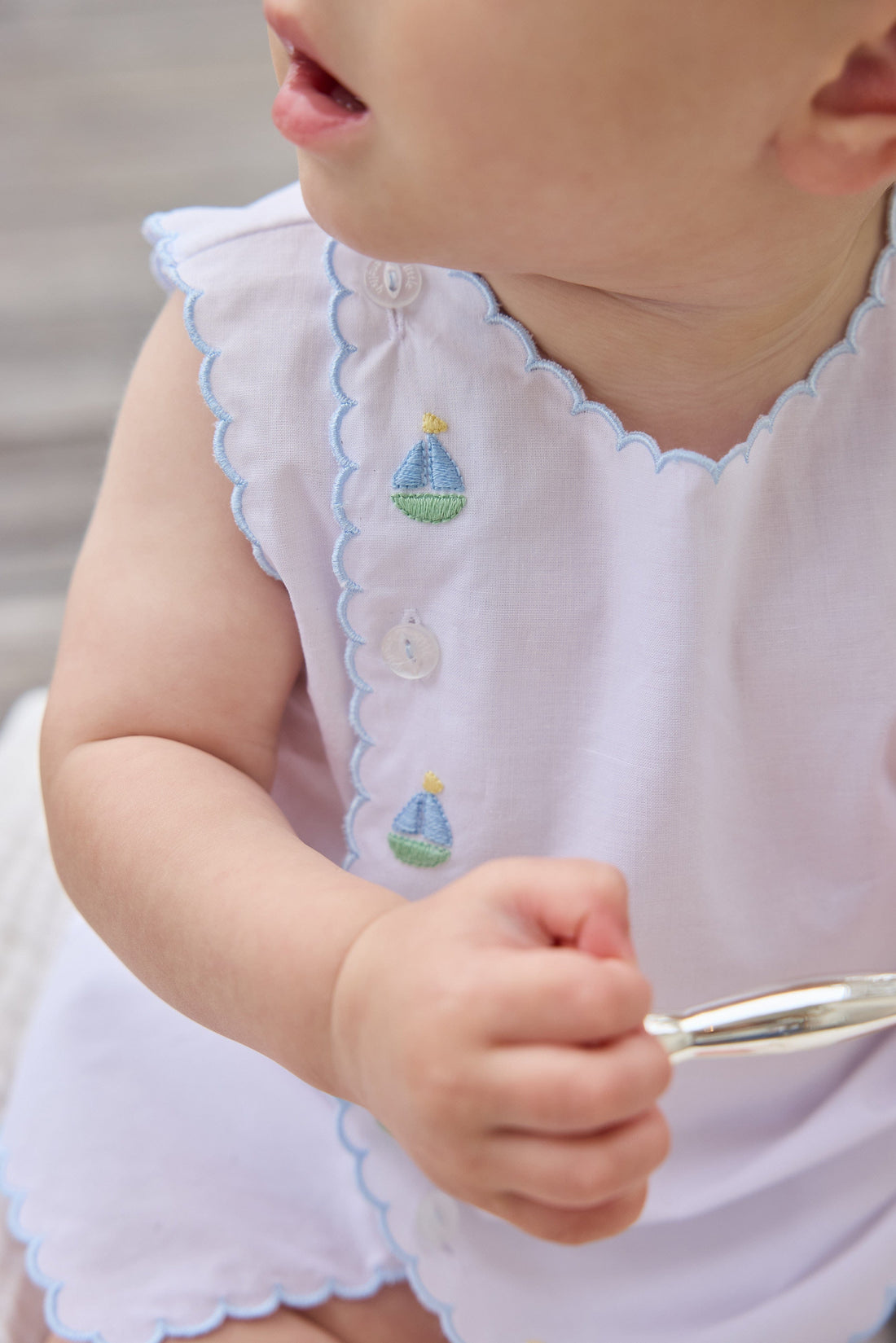 Little English Classic davis day set with embroidered sailboats and buttons running down front right side, for baby