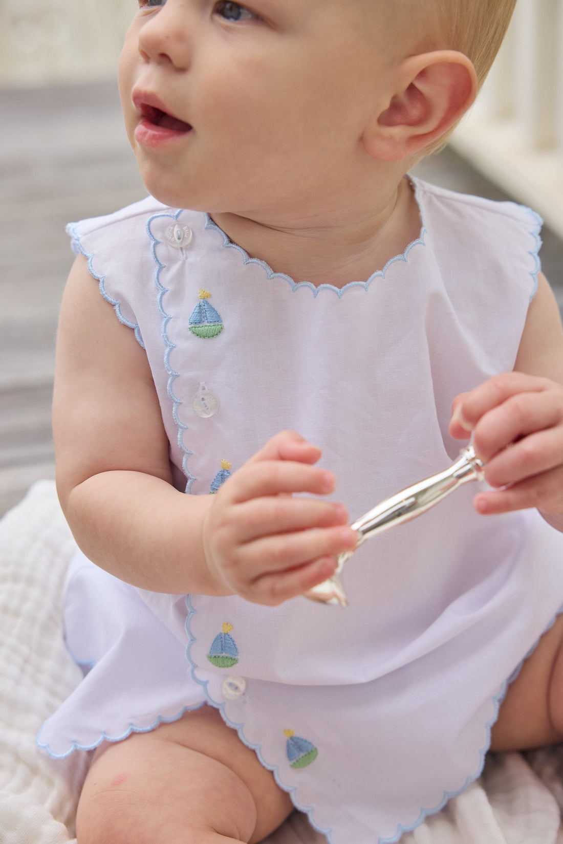 Little English Classic davis day set with embroidered sailboats and buttons running down front right side, for baby