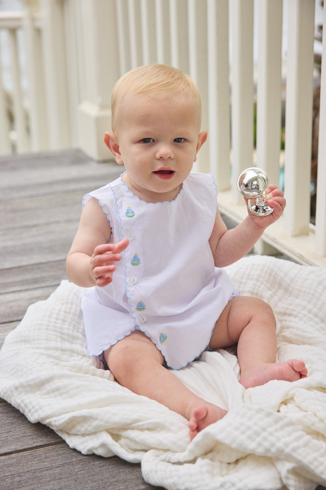 Little English Classic davis day set with embroidered sailboats and buttons running down front right side, for baby