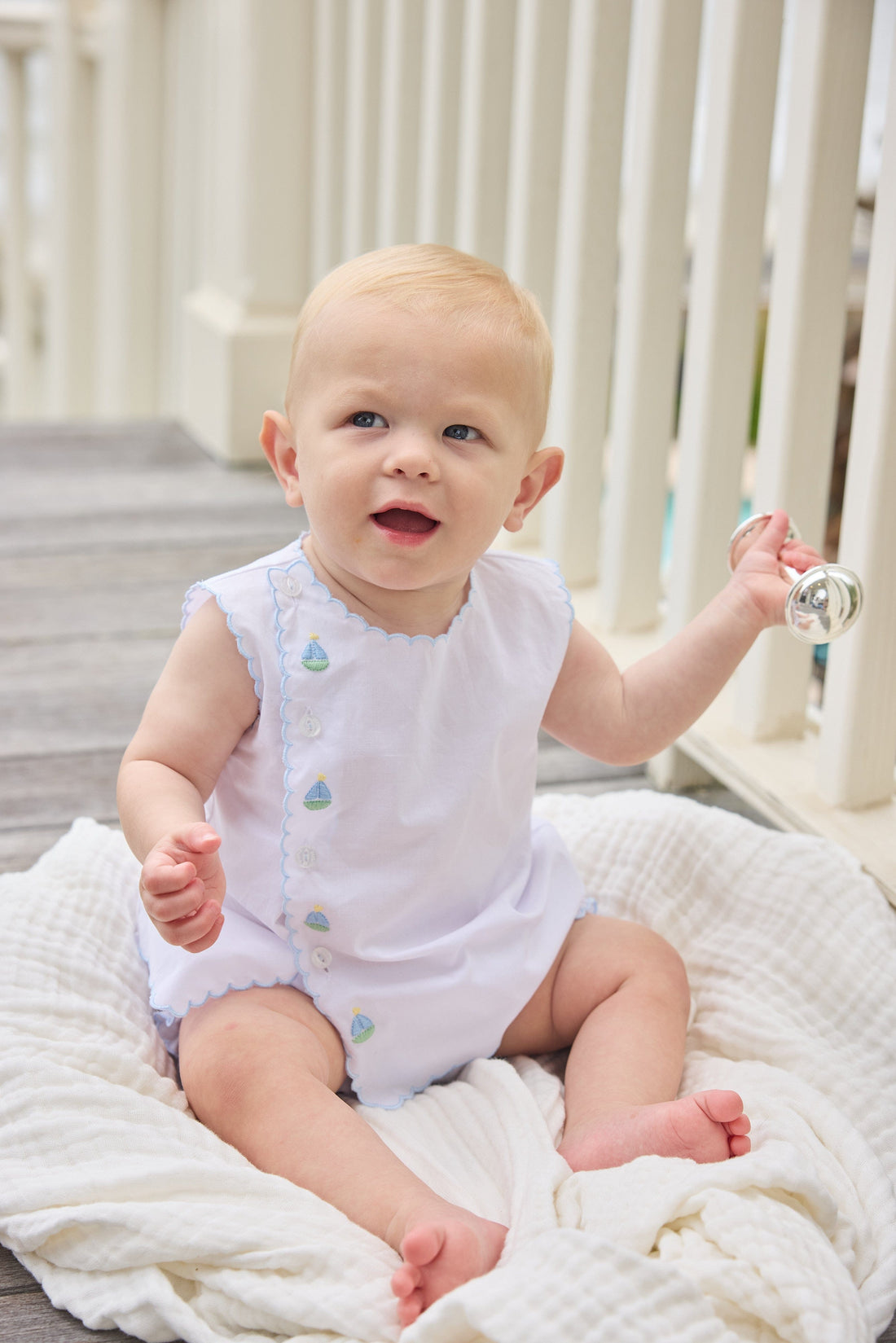 Little English Classic davis day set with embroidered sailboats and buttons running down front right side, for baby