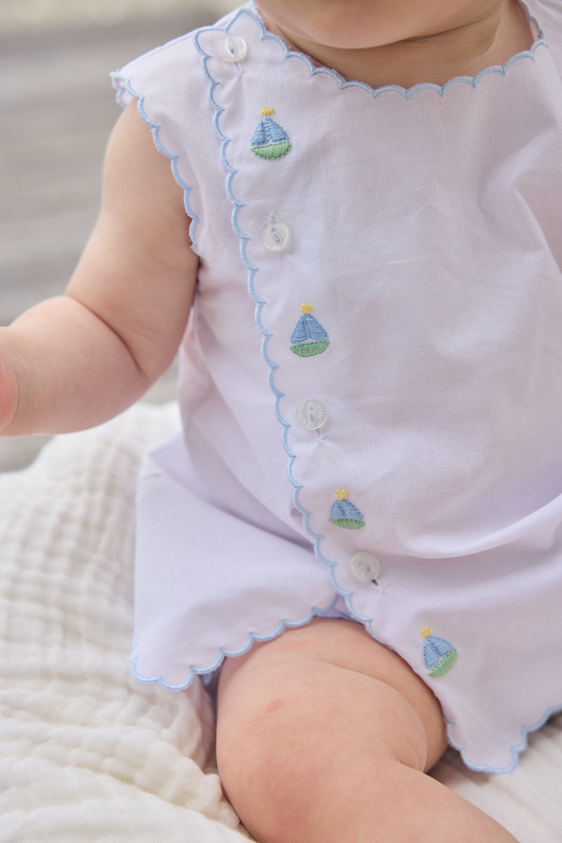Little English Classic davis day set with embroidered sailboats and buttons running down front right side, for baby