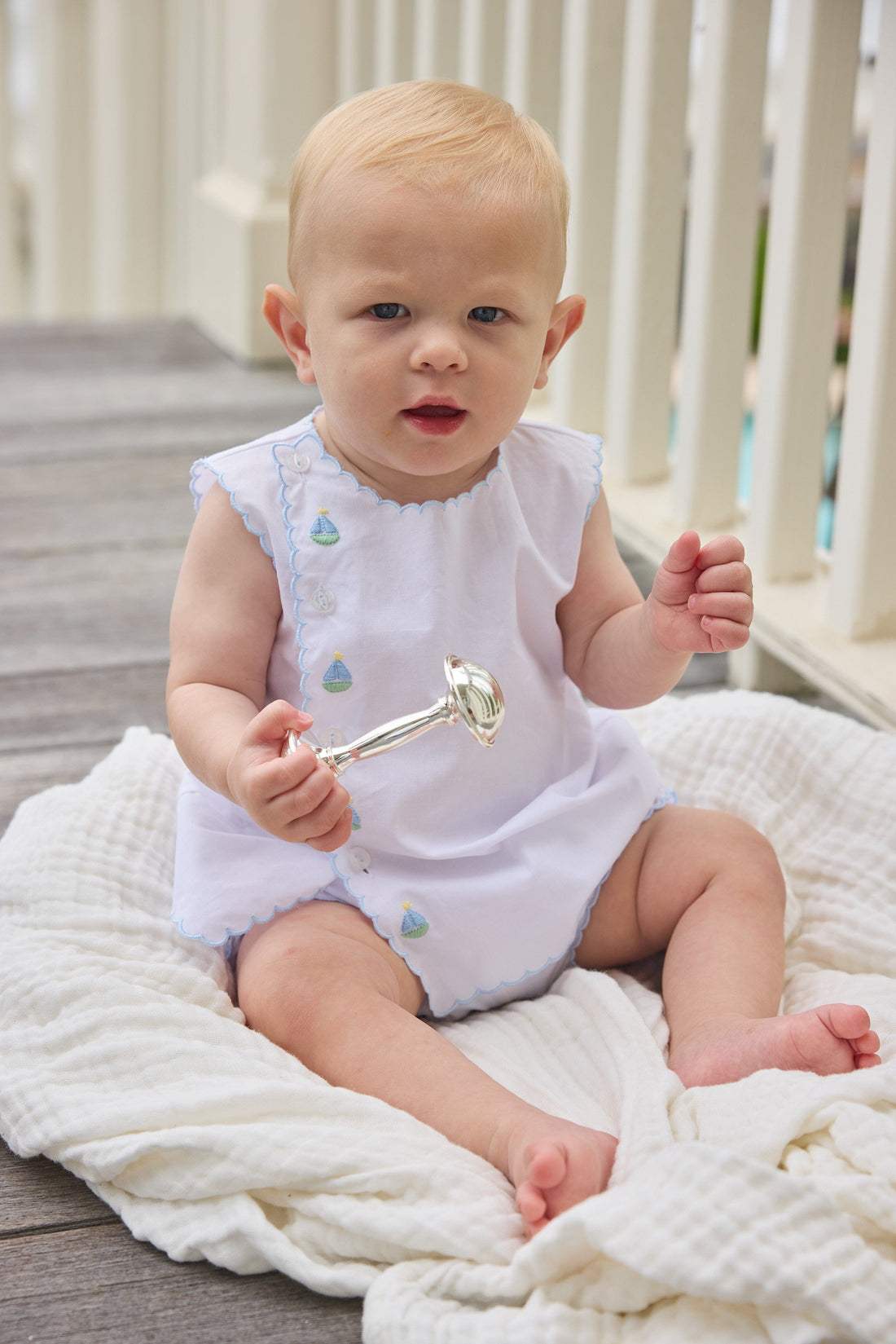 Little English Classic davis day set with embroidered sailboats and buttons running down front right side, for baby