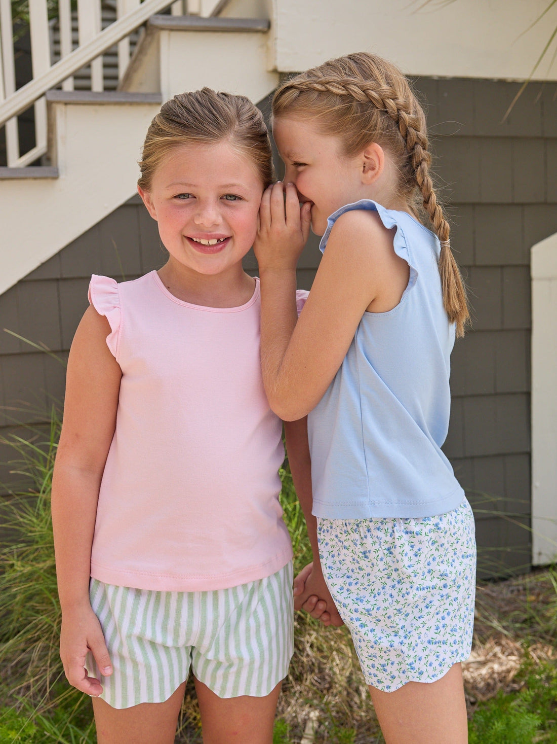 Little English classic tilly tanks in light blue and pink with flutter sleeves, scallop shorts in green meriwether stripe and mayfair floral, for little girls