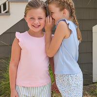 Little English classic tilly tanks in light blue and pink with flutter sleeves, scallop shorts in green meriwether stripe and mayfair floral, for little girls