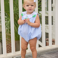 Little English traditional children's clothing.  Light blue seersucker gingham bubble with white bib collar and applique sailboats for baby girls.
