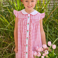 Little English traditional children's clothing. Classic dress for toddler girls in red windowpane with peter pan collar and tulip embroidery