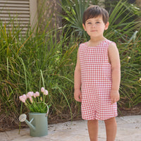 Little English traditional children's clothing.  Classic john john for toddler boys in red windowpane
