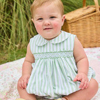 Little English traditional children's clothing.  Classic sleeveless smocked peter pan bubble with soft green and white stripes for baby boys