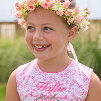 Little English traditional children's clothing.  Azalea pink floral sleeveless dress for toddler girls