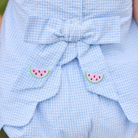 Little English traditional children's clothing.  Blue gingham set for baby girls with scallop bow back top with all-over watermelon embroidery and coordinating ruffled bloomer