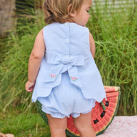 Little English traditional children's clothing.  Blue gingham set for baby girls with scallop bow back top with all-over watermelon embroidery and coordinating ruffled bloomer