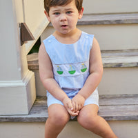 Little English traditional children's clothing.  Classic vintage cut romper for toddler boys in light blue gingham with sailboat applique across the chest