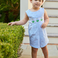 Little English traditional children's clothing.  Classic vintage cut romper for toddler boys in light blue gingham with sailboat applique across the chest
