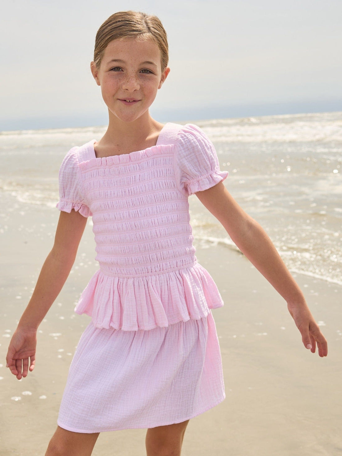 Little English classic isla top in jaipur pink with smocked details, isla skirt in jaipur pink, Leela dress with tie shoulders in jaipur pink, for little girls