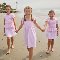 Little English classic isla top in jaipur pink with smocked details, isla skirt in jaipur pink, Leela dress with tie shoulders in jaipur pink, for little girls