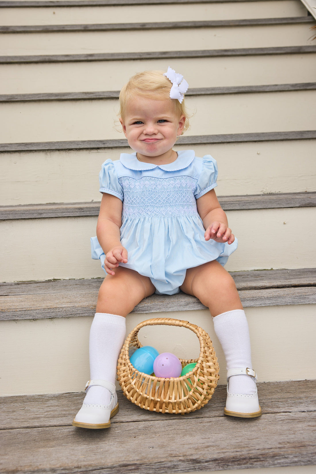 Little English | Light Blue Hand-Smocked Emery Bubble