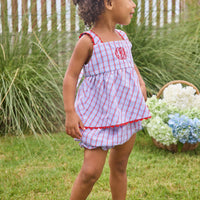 Little English traditional children's clothing.  Patriotic red and blue plaid two-piece set for baby girls.  Tank top with red ricrac trim and matching ruffled bloomers.  4th of July outfit for baby girls