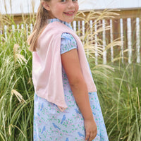 Little English traditional children's clothing.  Light blue dress with blue bird and cherry blossom print for little girls