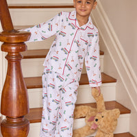 little english classic children's clothes,  boys wagoneer pajama set with a cream background and red piping 