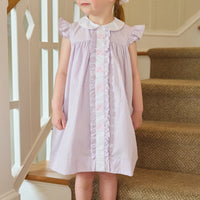 Little English traditional children's clothing. Classic dress for toddler girls in lavender stripe seersucker with peter pan collar and ballet slipper embroidery