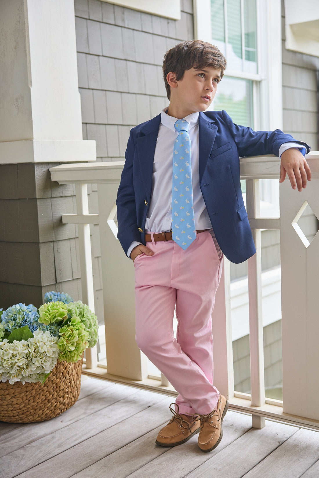 Little english classic wool blazer in navy, classic pant in light pink, neck tie in light blue with bunny and easter egg motifs, for little boy 