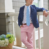 Little english classic wool blazer in navy, classic pant in light pink, neck tie in light blue with bunny and easter egg motifs, for little boy 