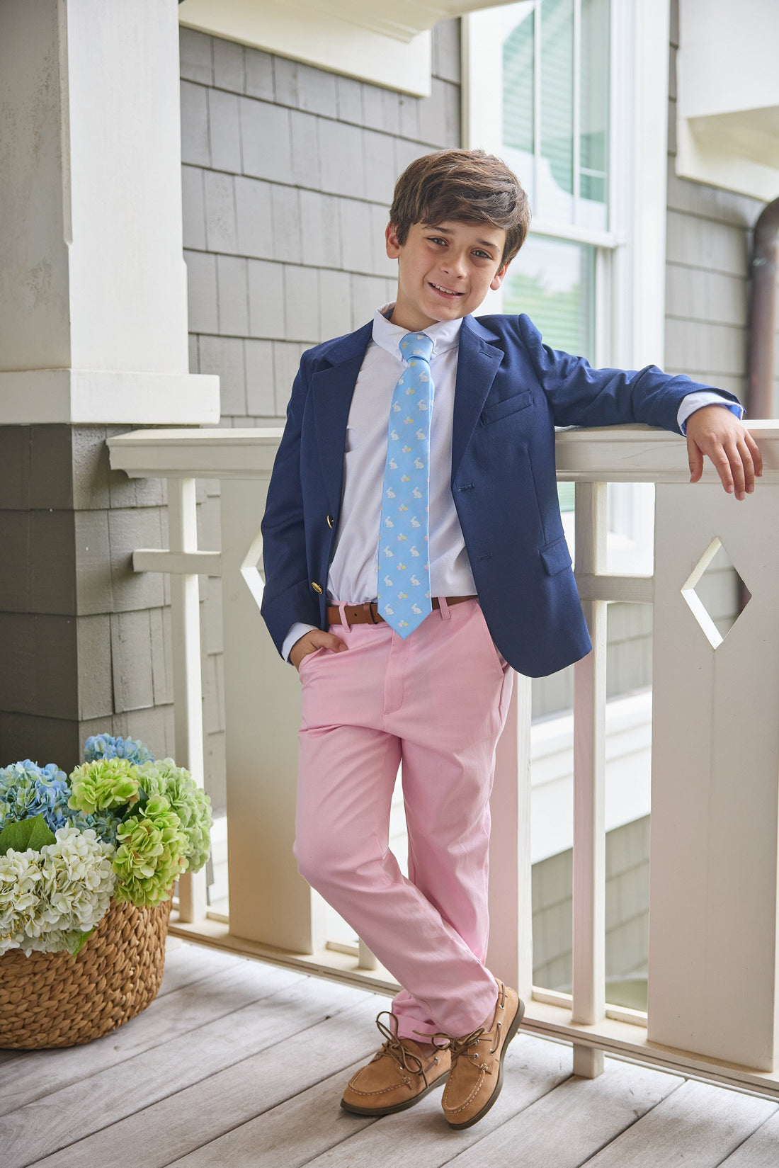 Little english classic wool blazer in navy, classic pant in light pink, neck tie in light blue with bunny and easter egg motifs, for little boy 