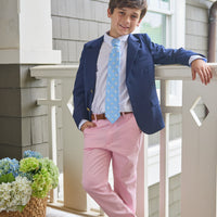 Little english classic wool blazer in navy, classic pant in light pink, neck tie in light blue with bunny and easter egg motifs, for little boy 
