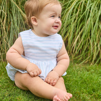 Little English traditional children's clothing. Light blue and white striped sleeveless bubble for baby boy for Summer