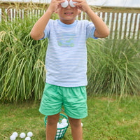 Little English traditional children's clothing.  Boy's classic light blue and white striped knit t-shirt with golf cart applique