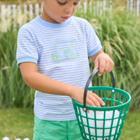 Little English traditional children's clothing.  Boy's classic light blue and white striped knit t-shirt with golf cart applique