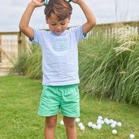 Little English traditional children's clothing.  Boy's classic light blue and white striped knit t-shirt with golf cart applique
