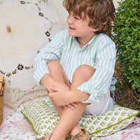 Little English traditional children's clothing.  Soft green and white Savanna Stripe button down shirt for boys