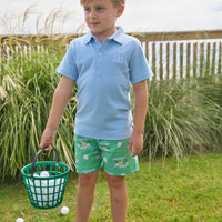 Little English traditional children's clothing.  Boy's green twill shorts with golf cart print