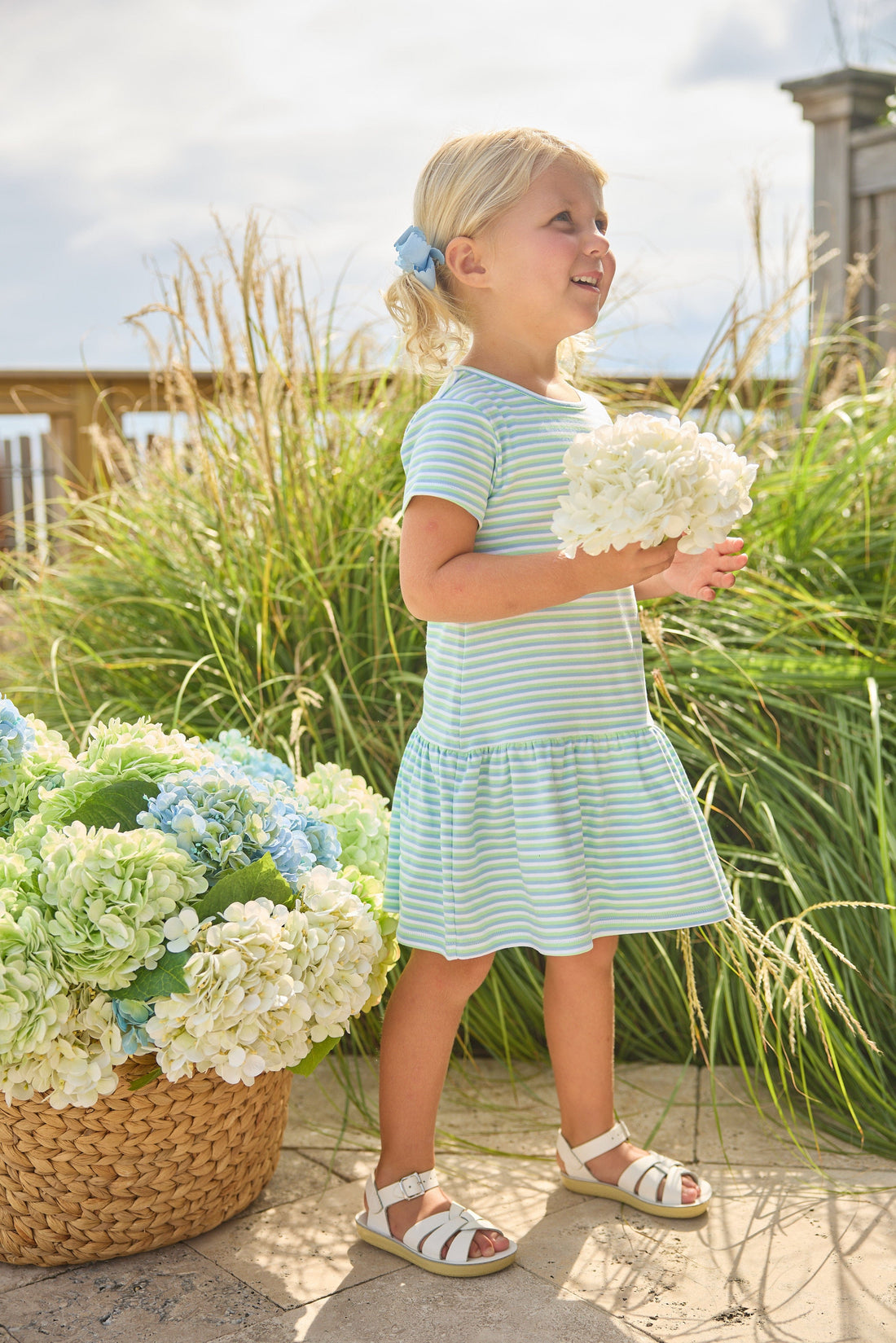 Little English Classic T-shirt dress in green, blue, and white greenview stripe, for little girl  