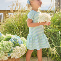 Little English Classic T-shirt dress in green, blue, and white greenview stripe, for little girl  