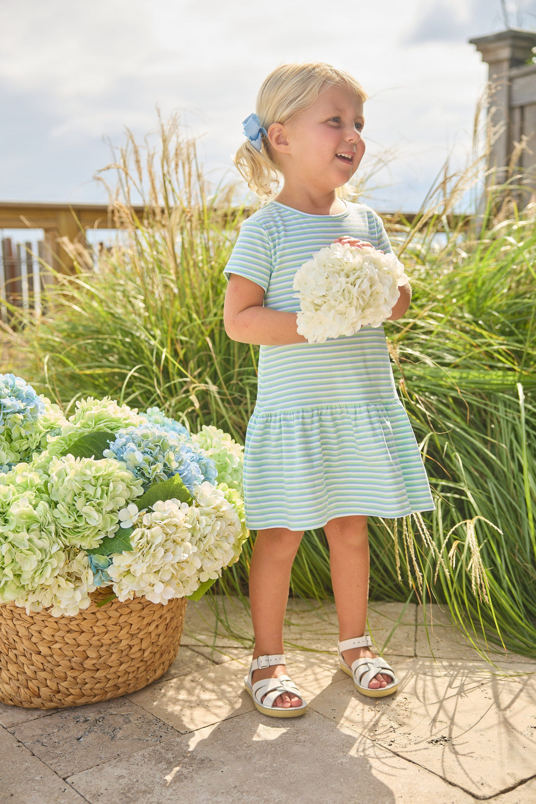 Little English Classic T-shirt dress in green, blue, and white greenview stripe, for little girl  