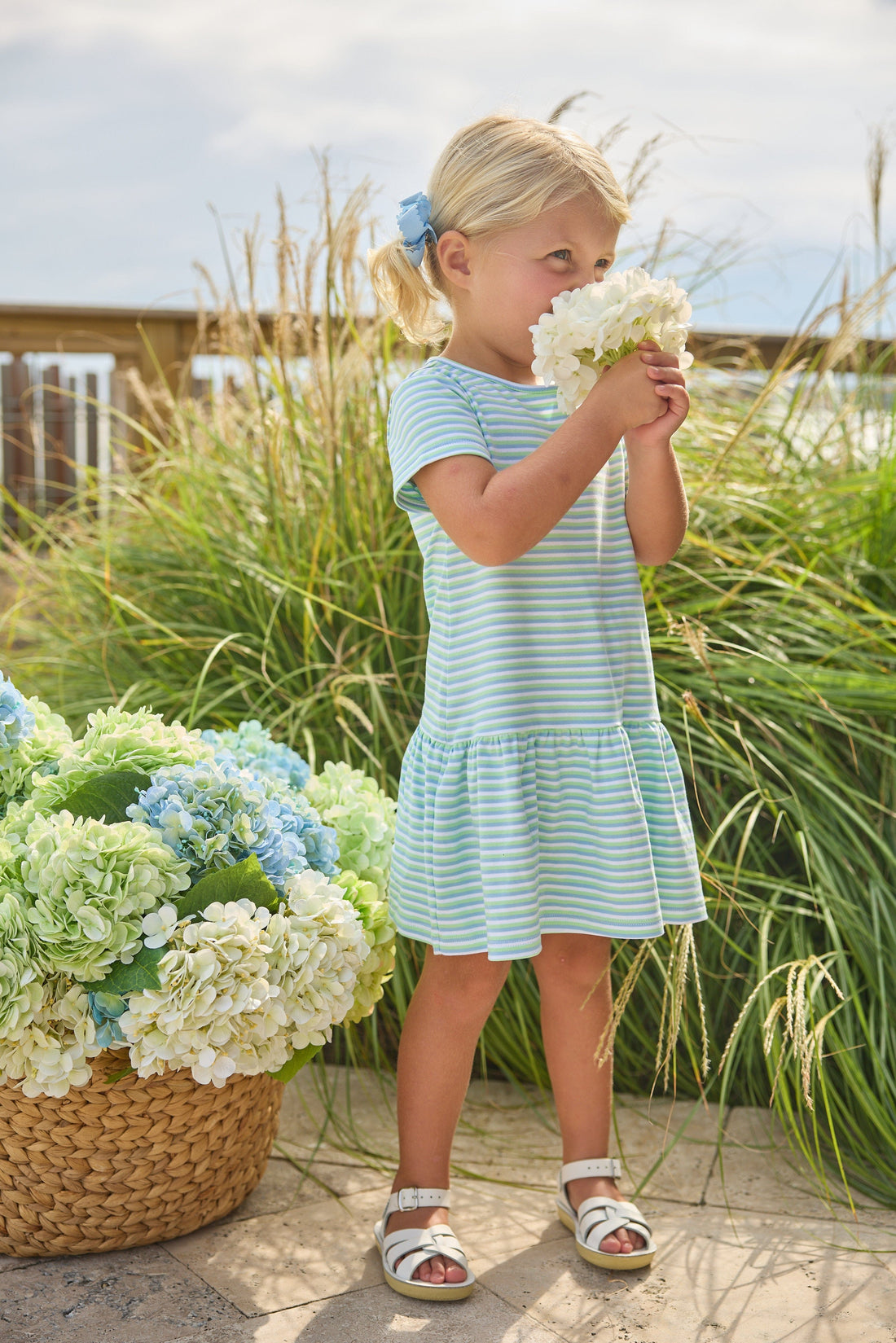 Little English Classic T-shirt dress in green, blue, and white greenview stripe, for little girl  