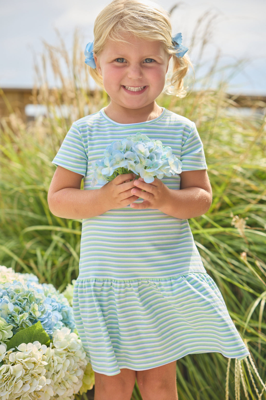 Little English Classic T-shirt dress in green, blue, and white greenview stripe, for little girl  