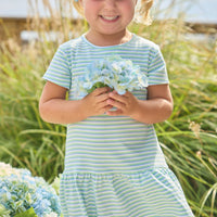 Little English Classic T-shirt dress in green, blue, and white greenview stripe, for little girl  