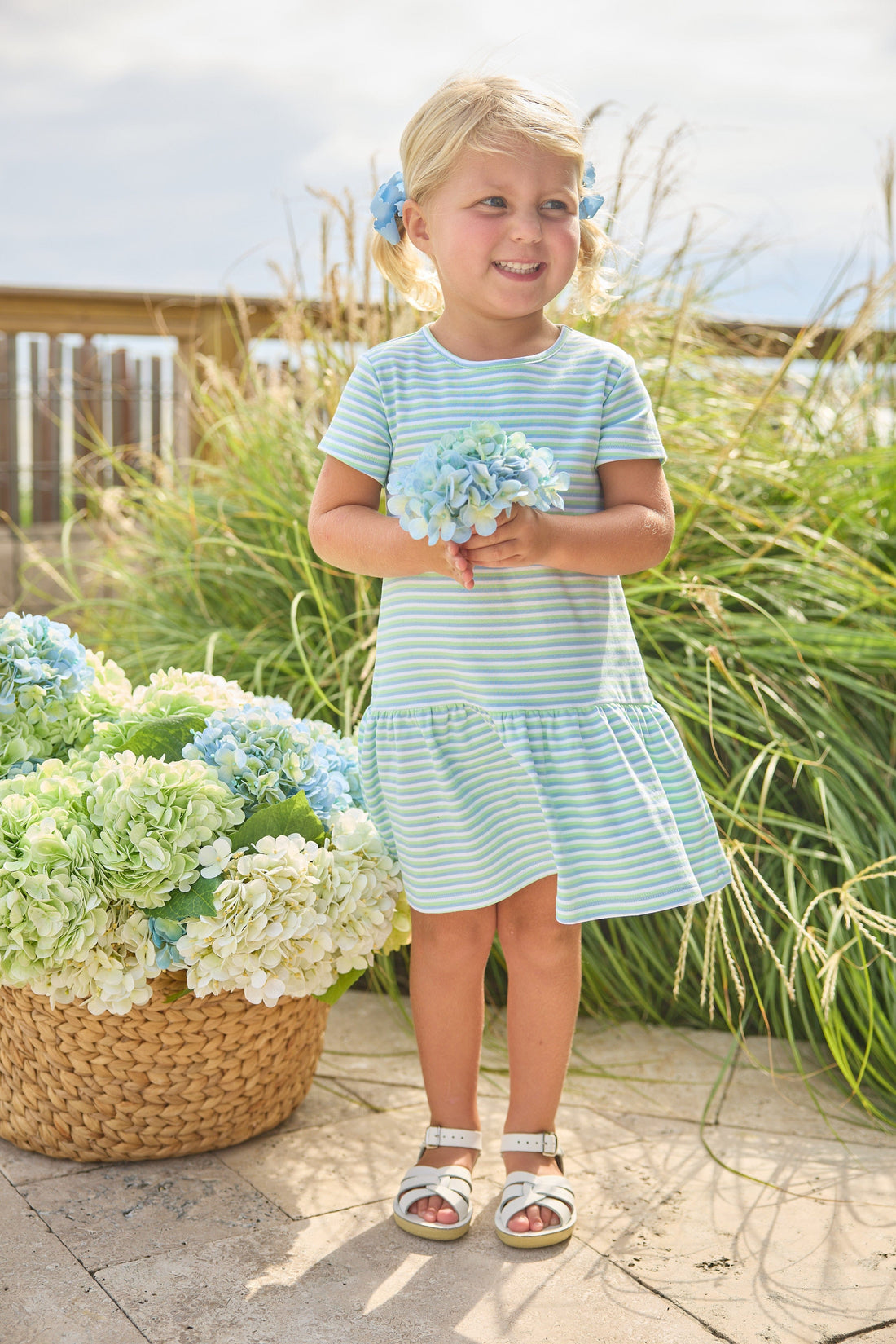 Little English Classic T-shirt dress in green, blue, and white greenview stripe, for little girl  