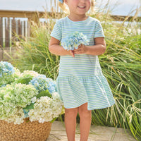 Little English Classic T-shirt dress in green, blue, and white greenview stripe, for little girl  