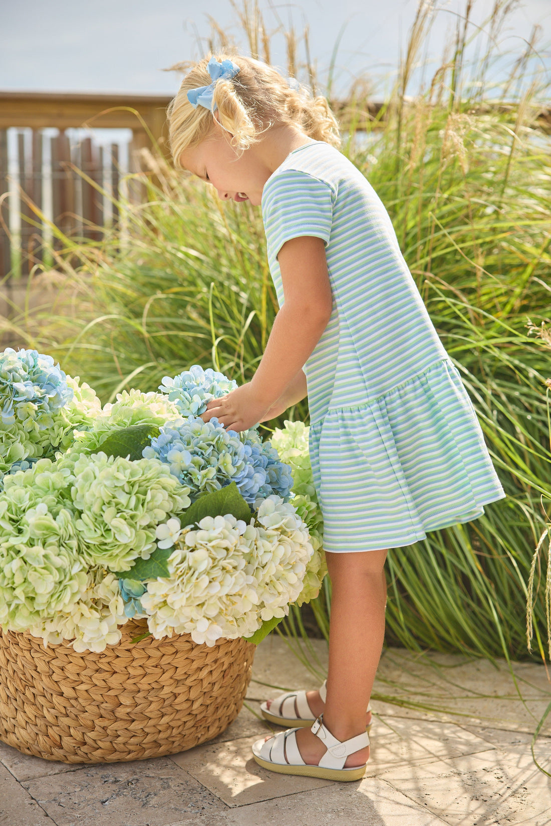 Little English Classic T-shirt dress in green, blue, and white greenview stripe, for little girl  