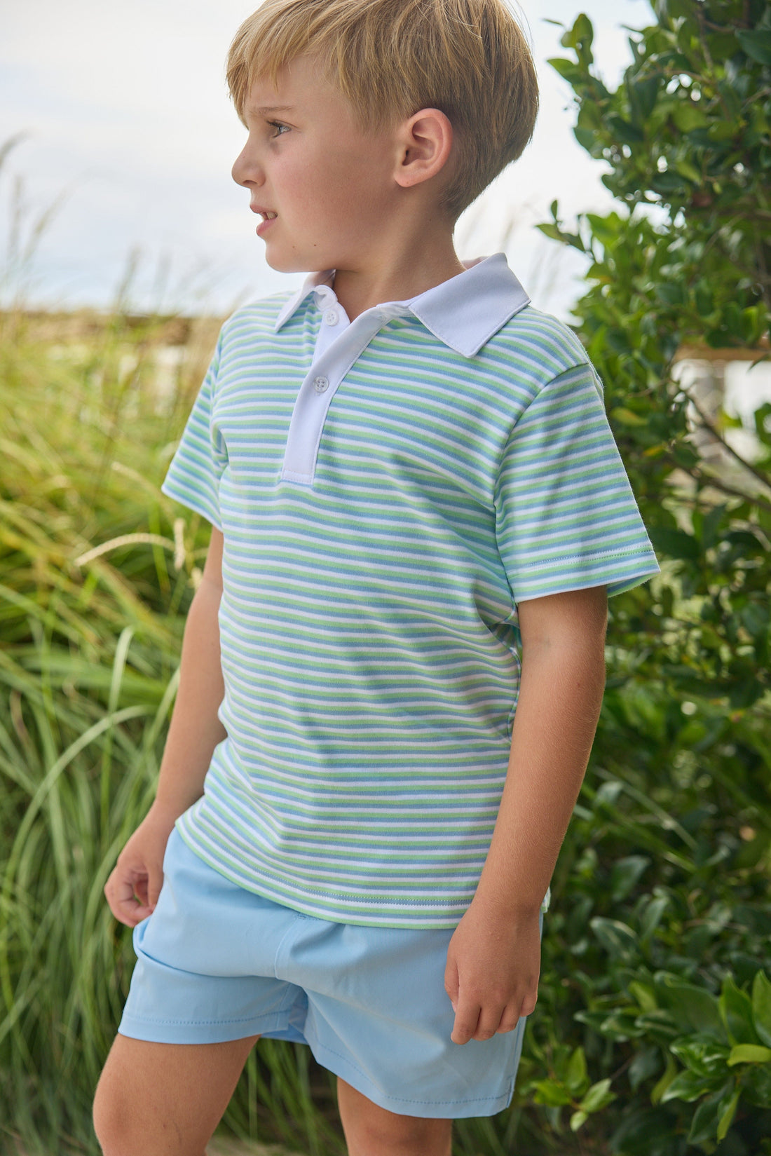 Little English classic short sleeve polo in green, blue, and white greenview stripe for little boy 