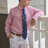 Little English traditional children's clothing.  Navy blue neck tie with American flag print for boys for Spring