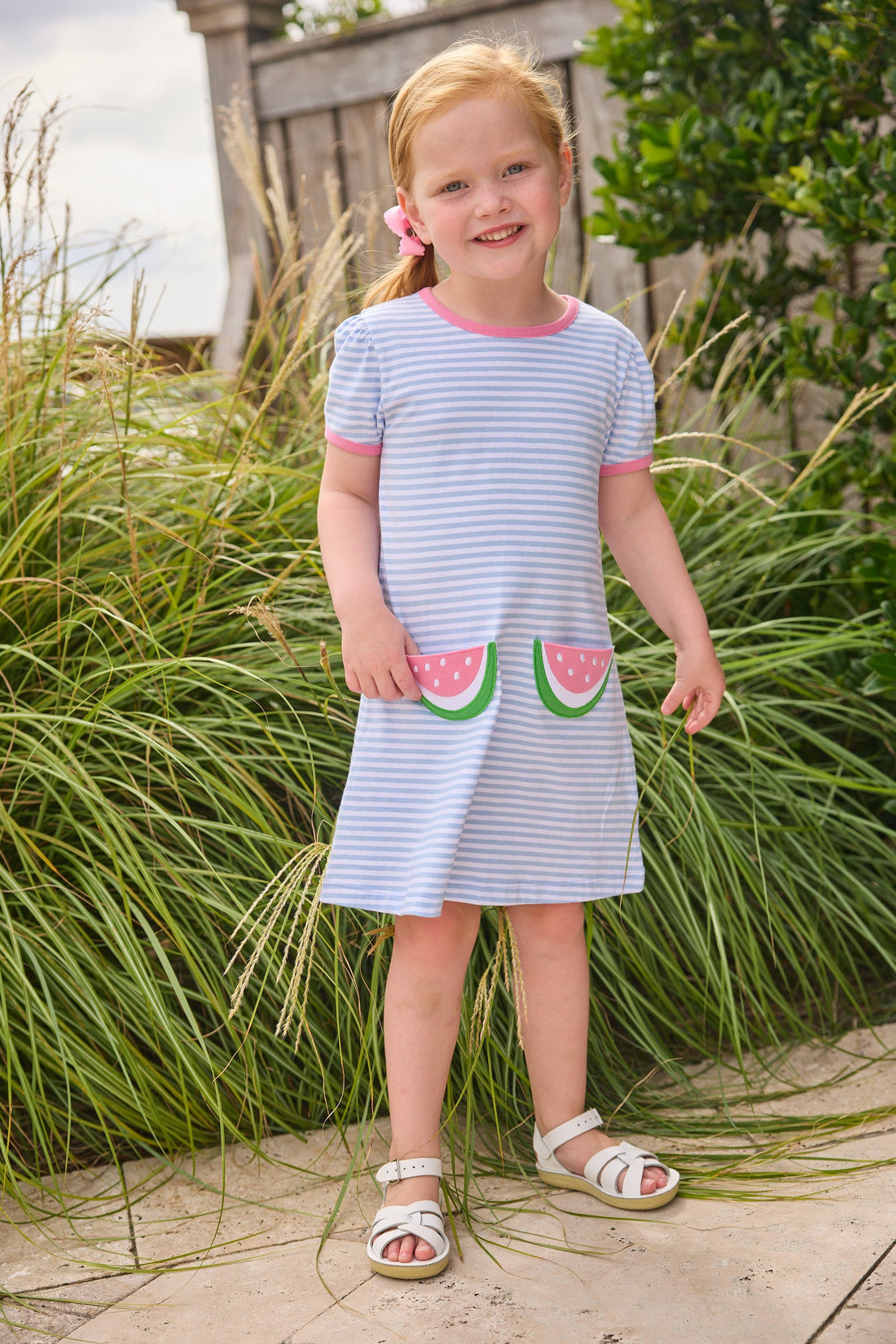 Little English classic T-shirt dress in light blue stripe with watermelon applique pockets, for little girl 