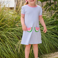 Little English classic T-shirt dress in light blue stripe with watermelon applique pockets, for little girl 
