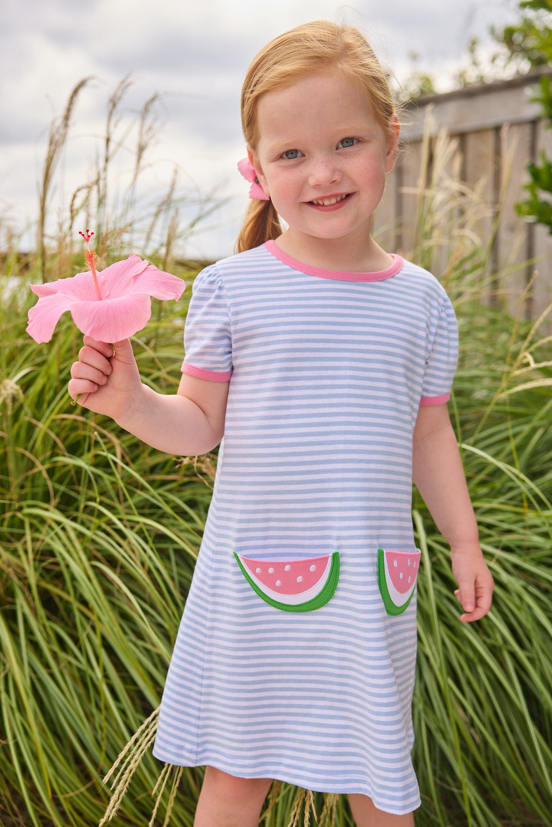 Little English classic T-shirt dress in light blue stripe with watermelon applique pockets, for little girl 