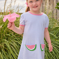 Little English classic T-shirt dress in light blue stripe with watermelon applique pockets, for little girl 
