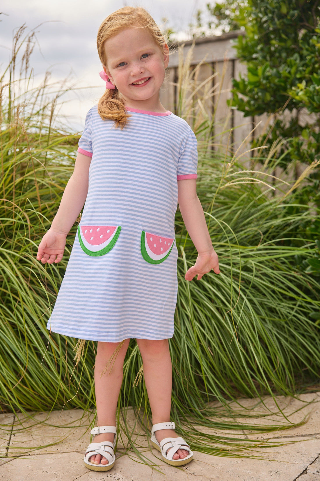 Little English classic T-shirt dress in light blue stripe with watermelon applique pockets, for little girl 